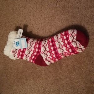 Red and white Mukluk slipper socks